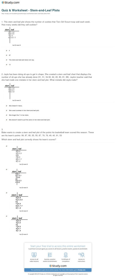 Quiz  Worksheet  Stemandleaf Plots  Study