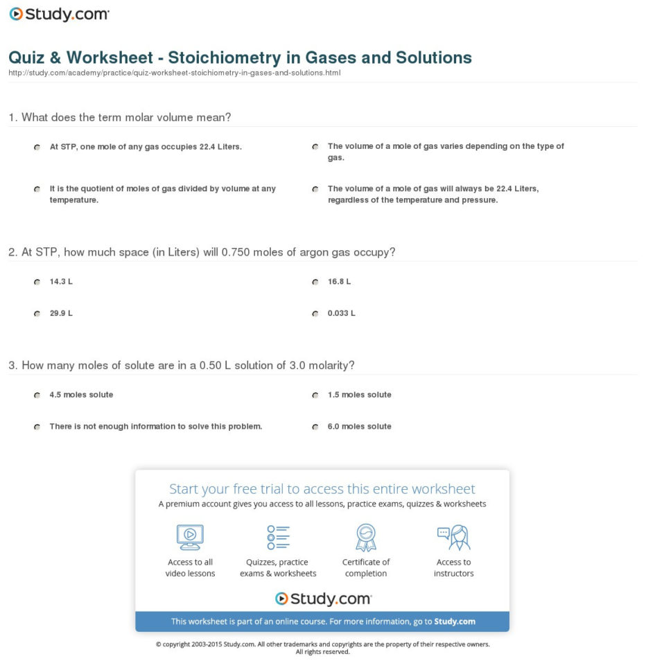Quiz  Worksheet  Stoichiometry In Gases And Solutions