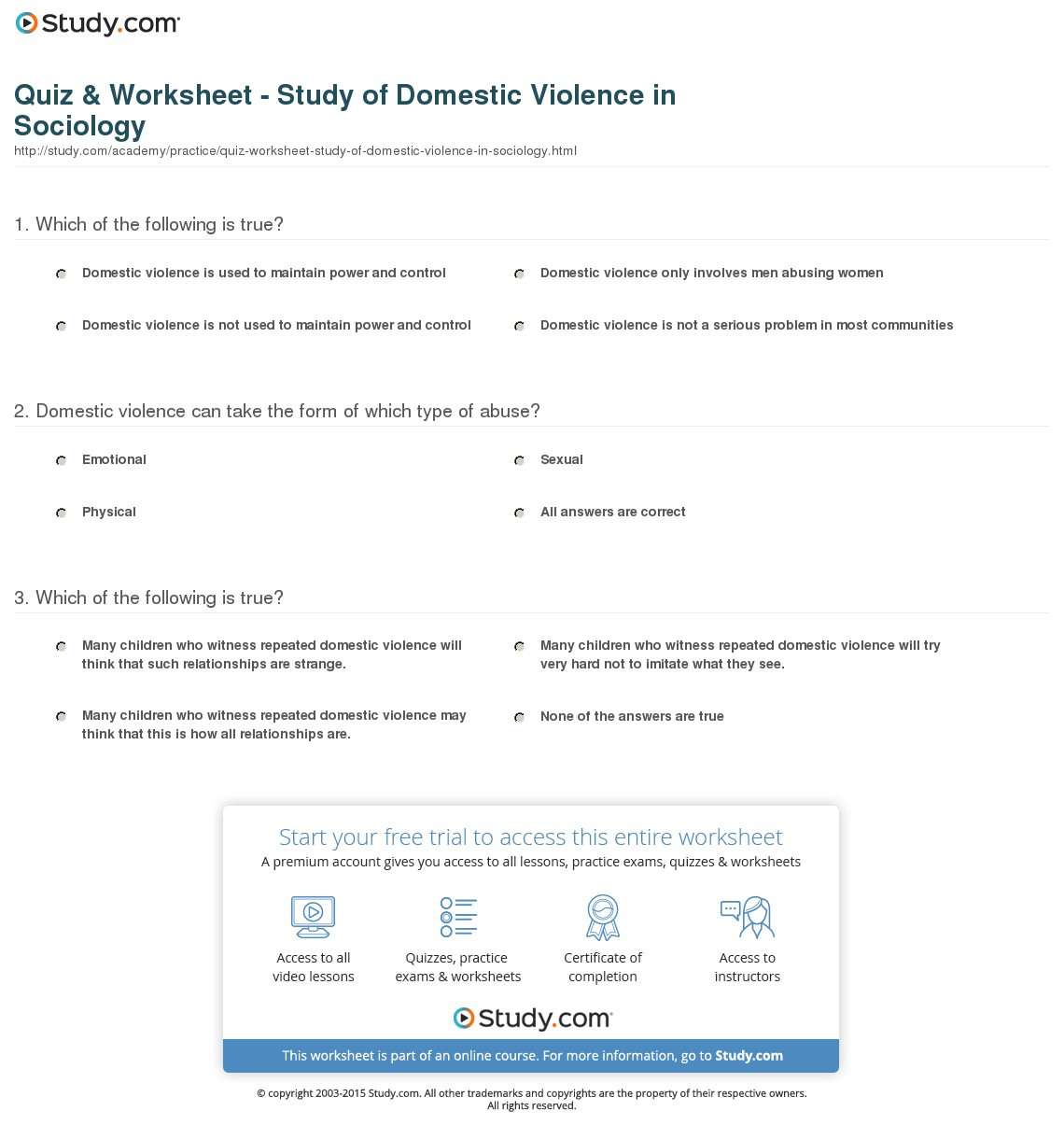 Quiz  Worksheet  Study Of Domestic Violence In Sociology