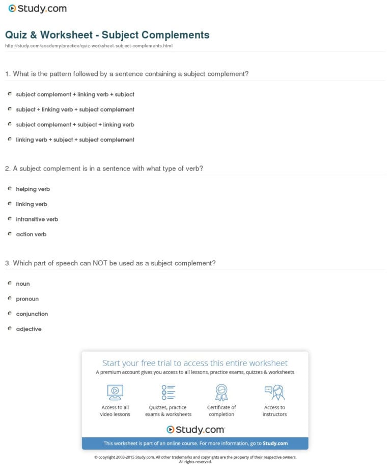 Subject Complement Worksheet With Answers Db excel