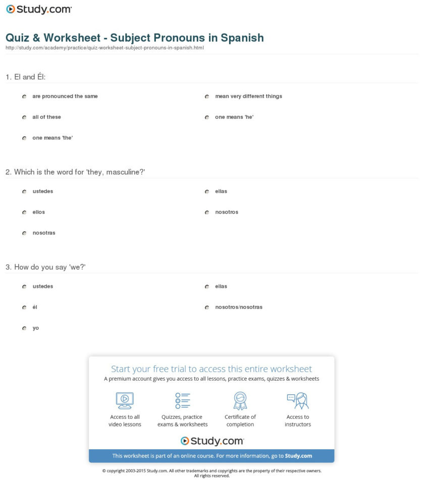 Subject Pronouns Worksheet 1 Spanish Answer Key Db excel