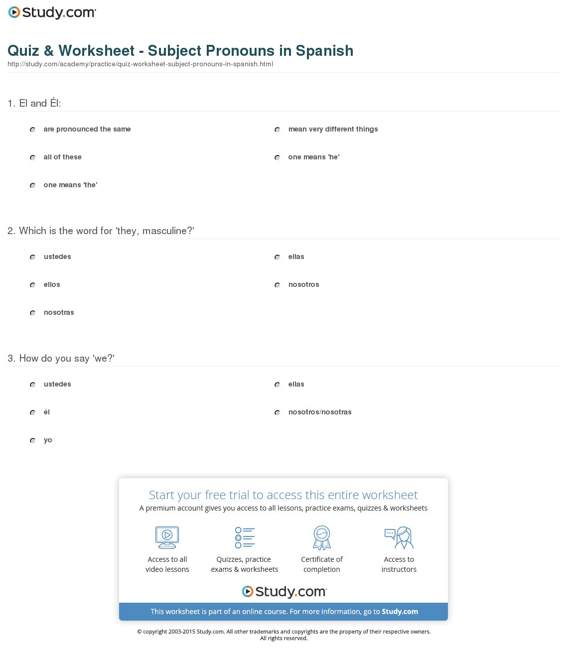 Quiz  Worksheet  Subject Pronouns In Spanish  Study