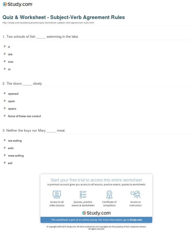 Quiz  Worksheet  Subjectverb Agreement Rules  Study