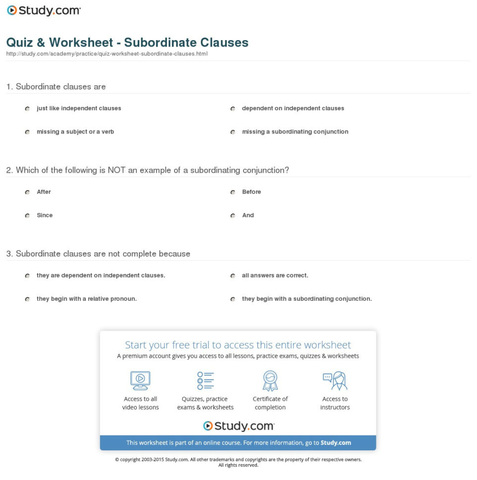 Quiz  Worksheet  Subordinate Clauses  Study