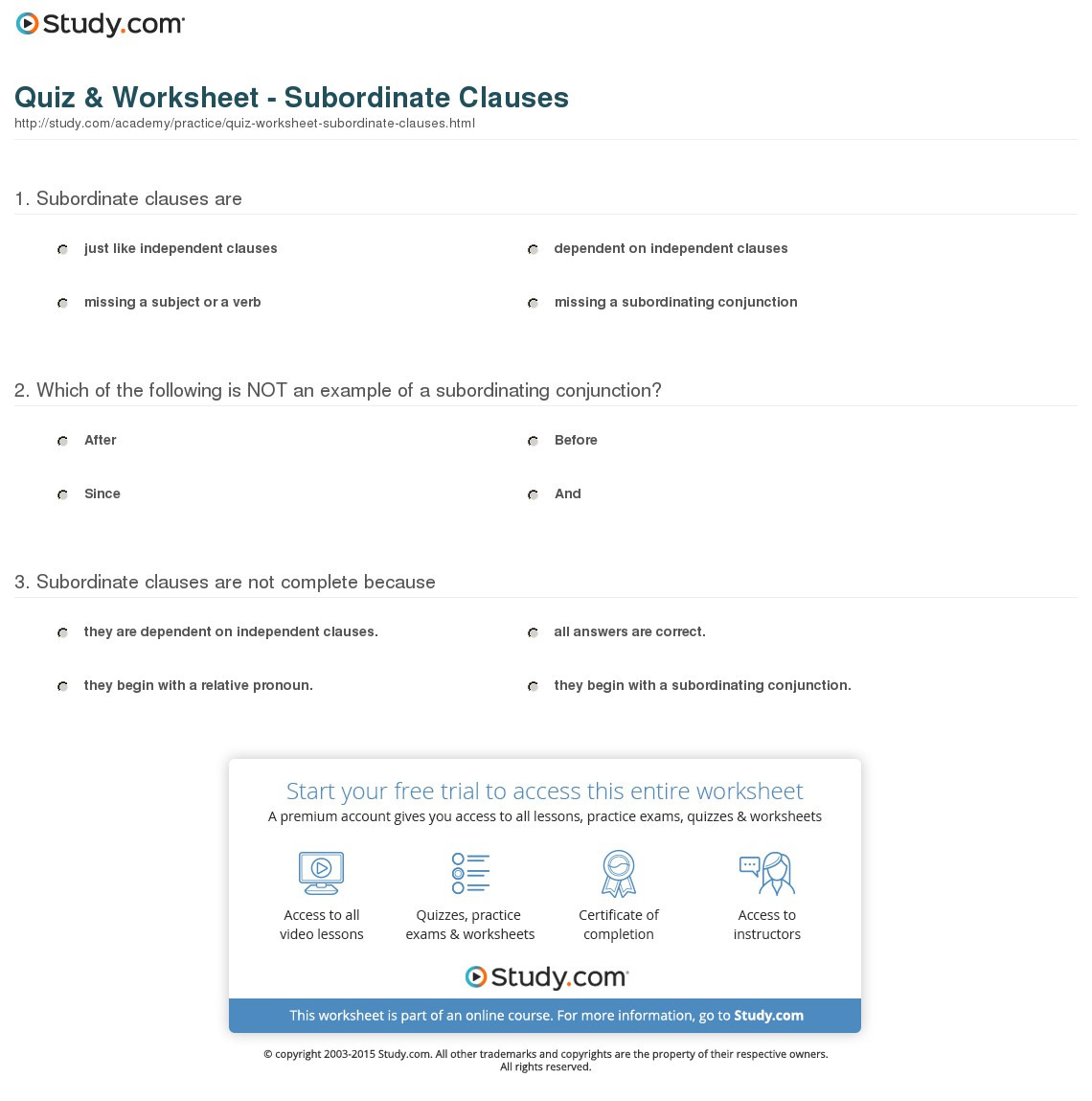 Quiz  Worksheet  Subordinate Clauses  Study