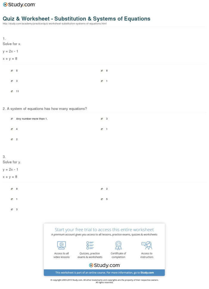 Quiz  Worksheet  Substitution  Systems Of Equations