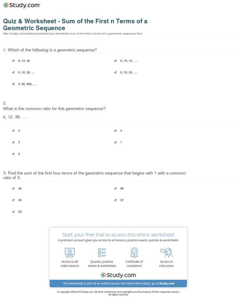Quiz  Worksheet  Sum Of The Ft N Terms Of A Geometric