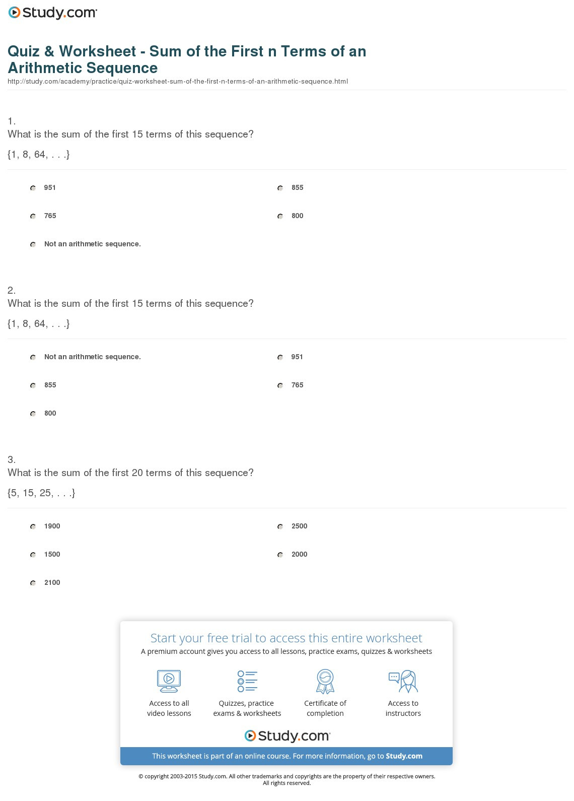 Quiz  Worksheet  Sum Of The Ft N Terms Of An Arithmetic