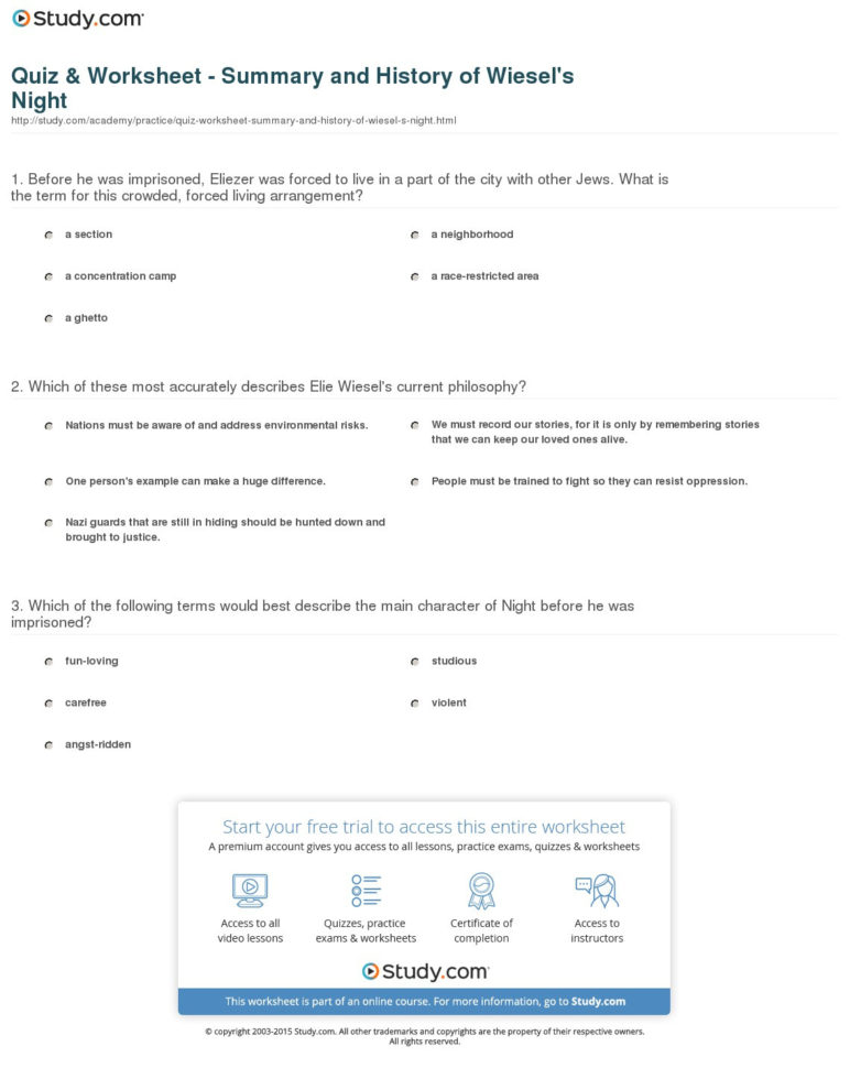 Quiz  Worksheet  Summary And History Of Wiesel's Night
