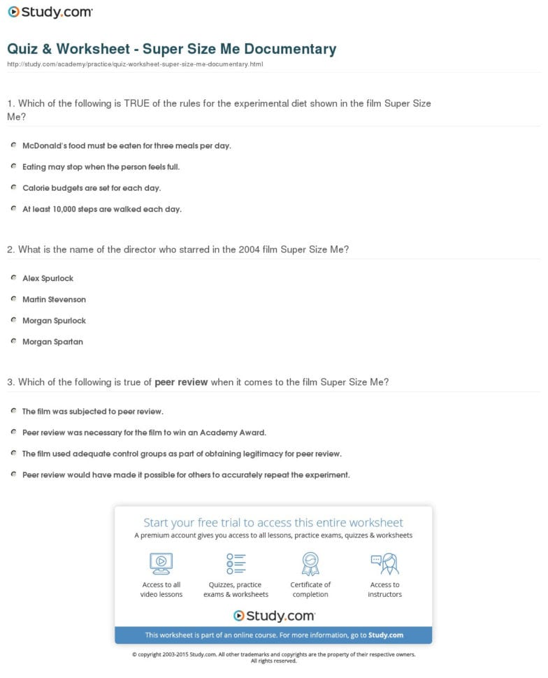 Quiz  Worksheet  Super Size Me Documentary  Study