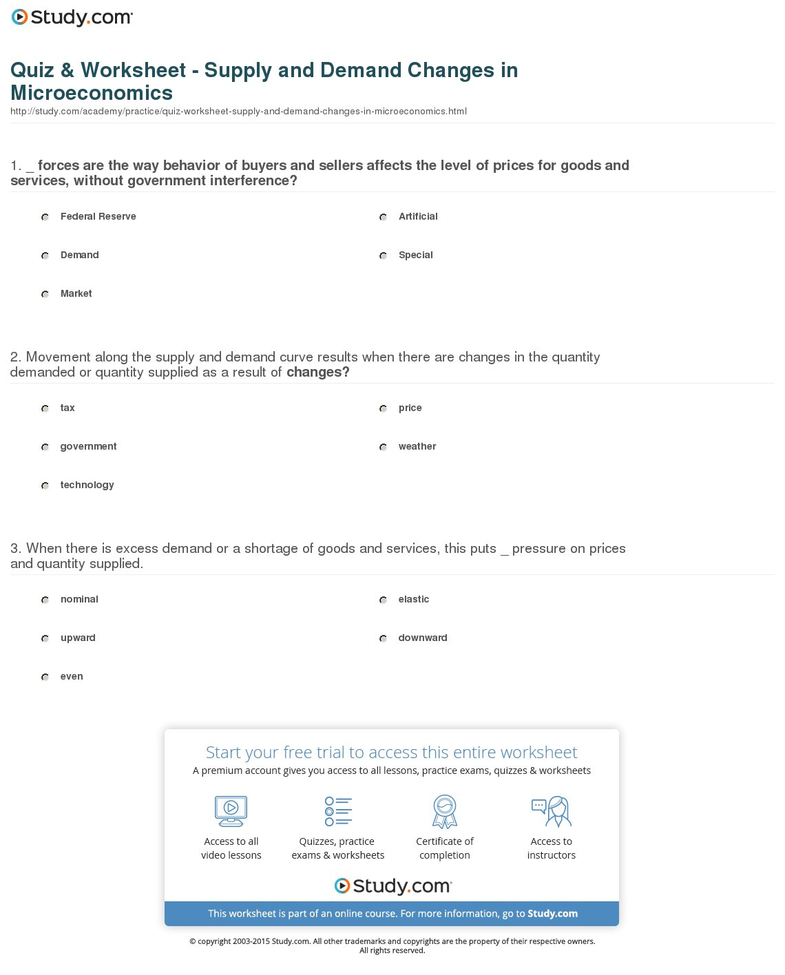 Quiz  Worksheet  Supply And Demand Changes In