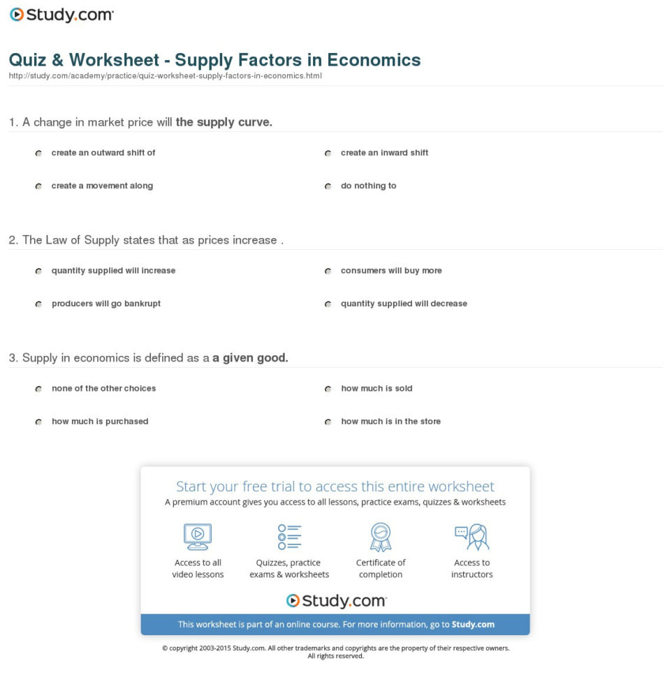 Quiz  Worksheet  Supply Factors In Economics  Study