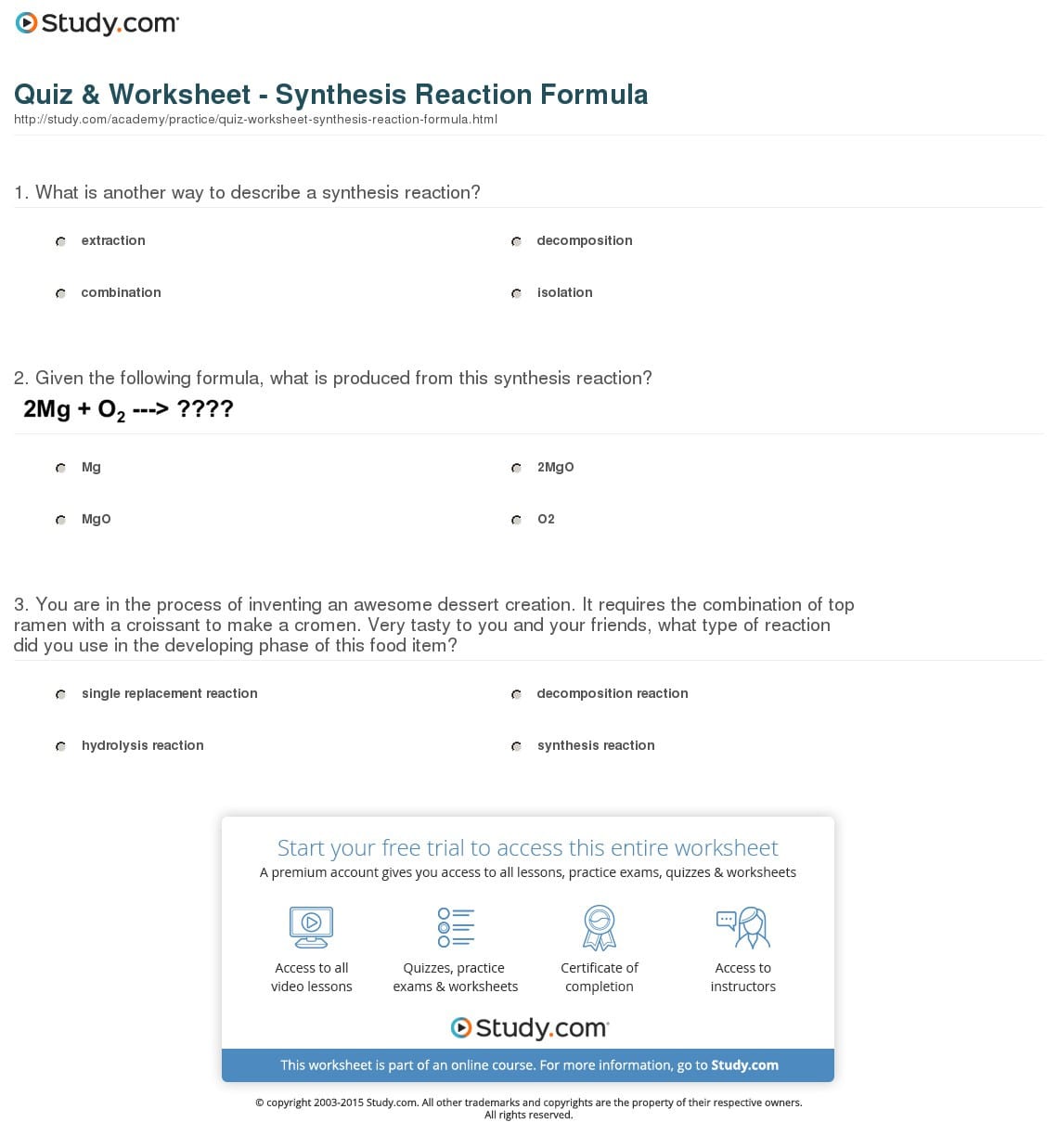 Quiz  Worksheet  Synthesis Reaction Formula  Study