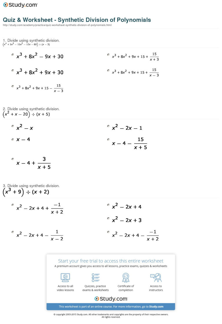 Dividing Polynomials Synthetic Division Worksheet Answers Pertaining To Dividing Polynomials By Monomials Worksheet