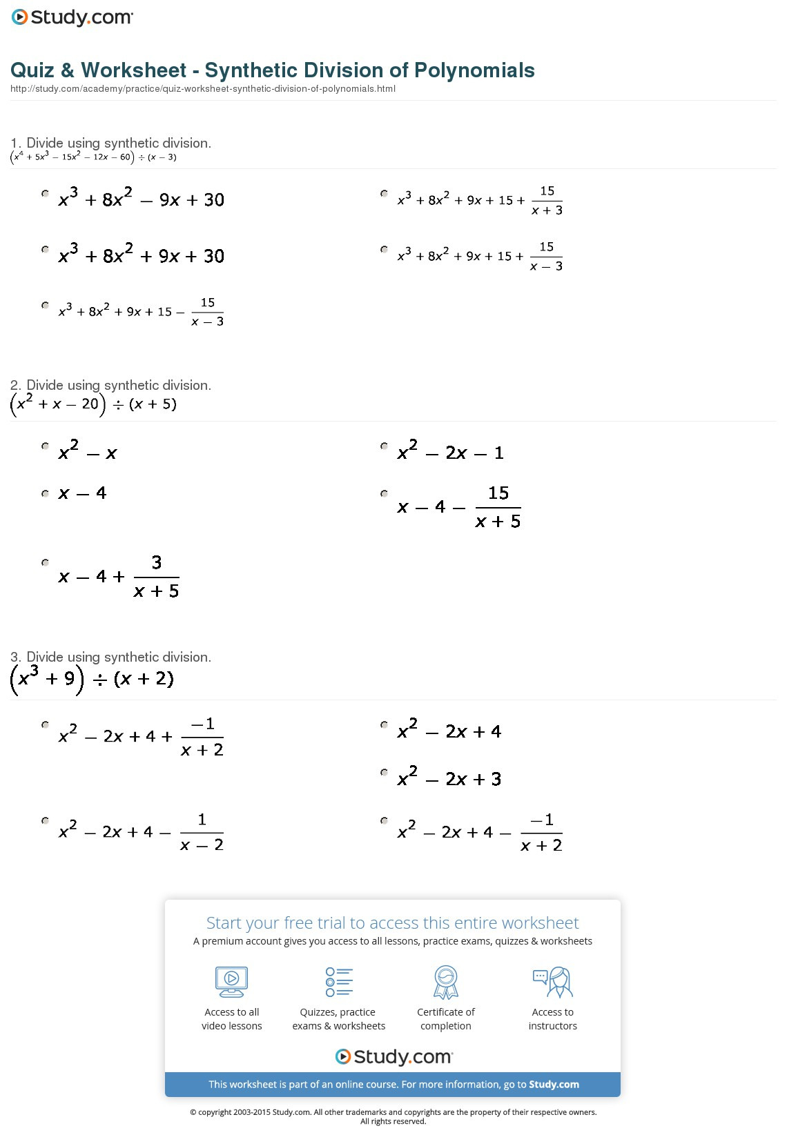 Quiz  Worksheet  Synthetic Division Of Polynomials  Study