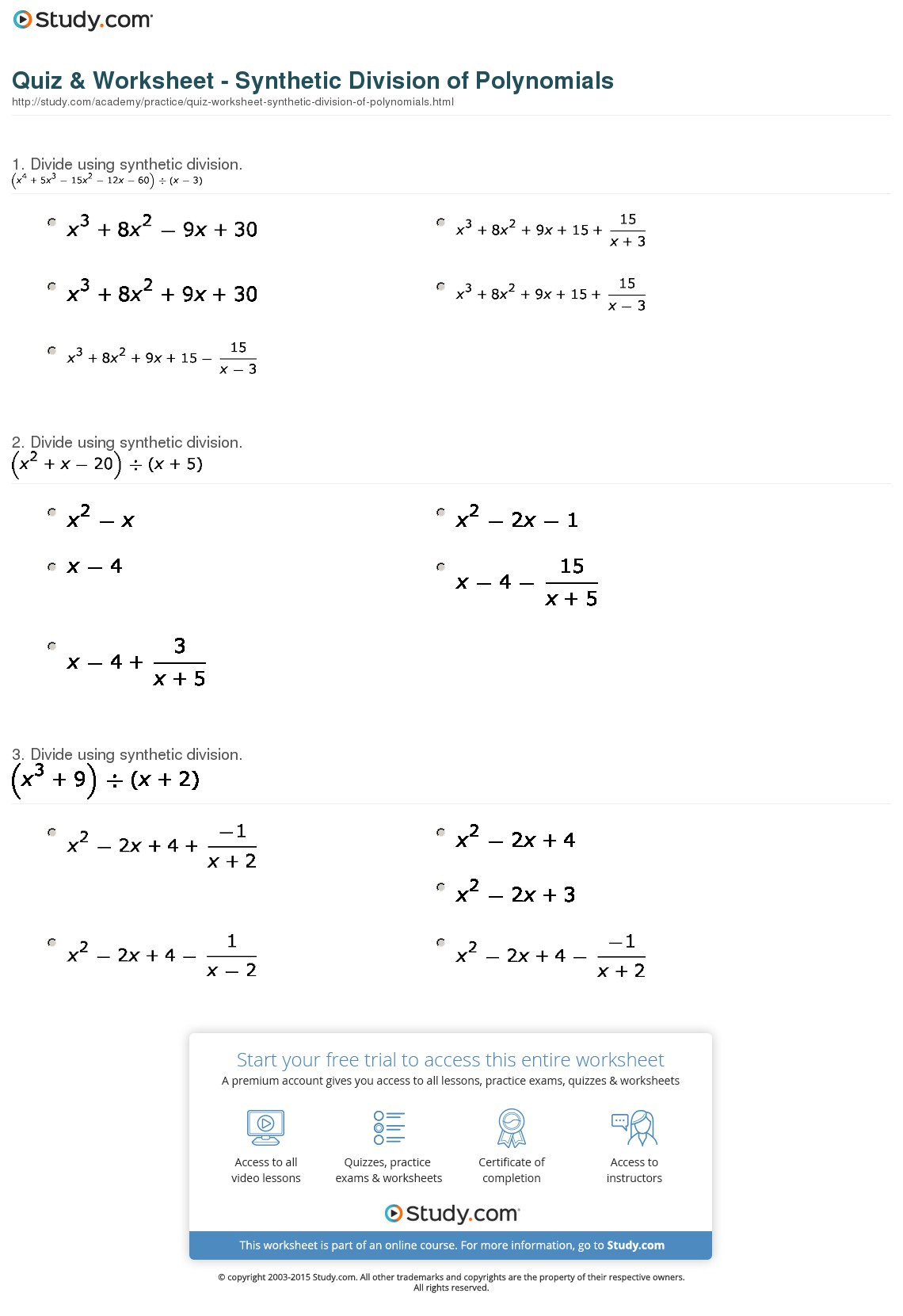 Dividing Polynomials Long And Synthetic Division Worksheet Answers Db