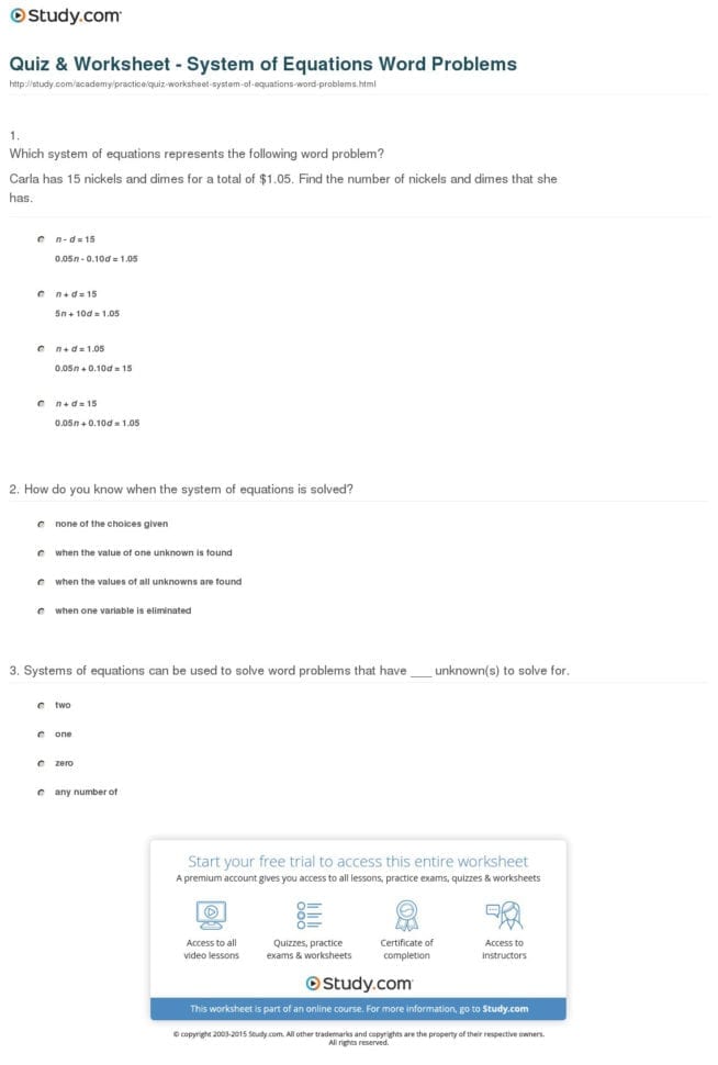 Quiz  Worksheet  System Of Equations Word Problems  Study