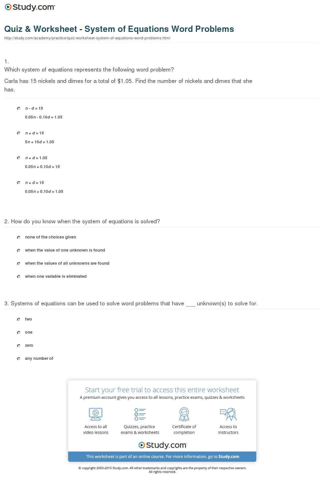 Quiz  Worksheet  System Of Equations Word Problems  Study