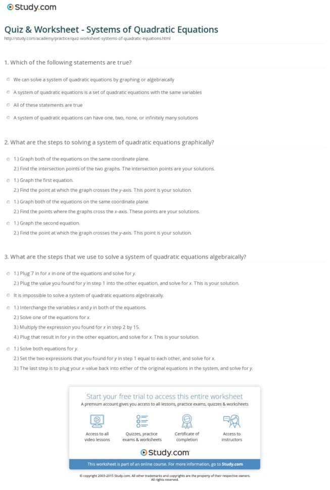 Quiz  Worksheet  Systems Of Quadratic Equations  Study