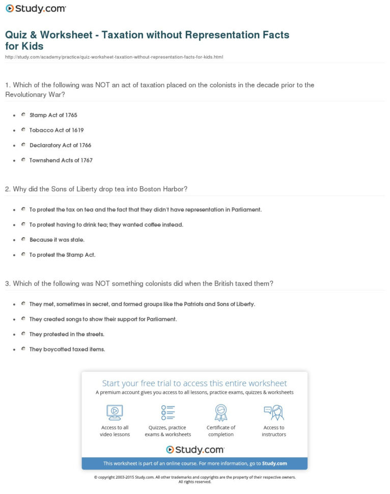 Quiz  Worksheet  Taxation Without Representation Facts For