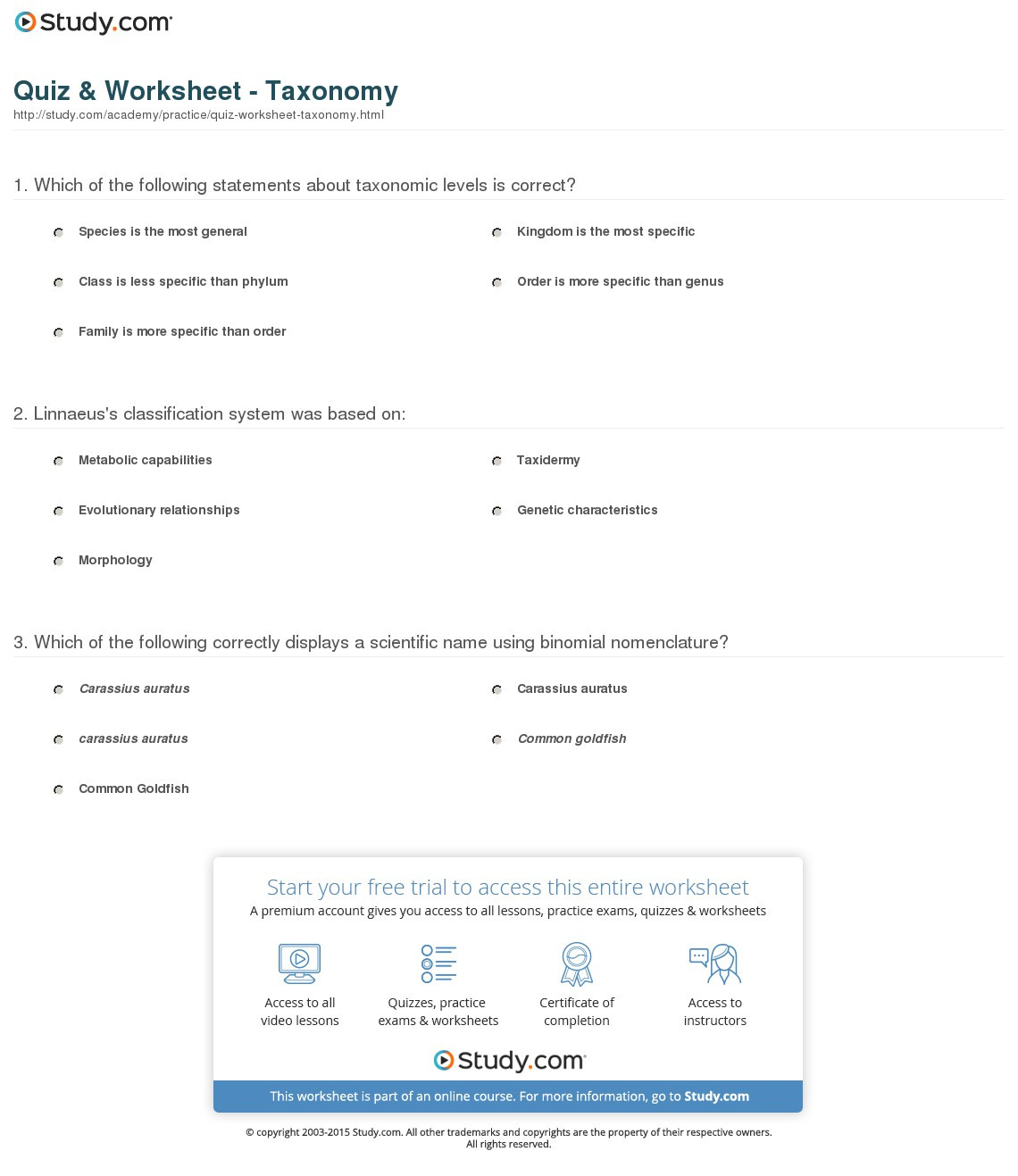 Quiz  Worksheet  Taxonomy  Study