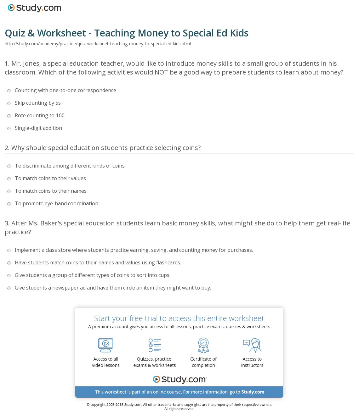 Quiz  Worksheet  Teaching Money To Special Ed Kids  Study