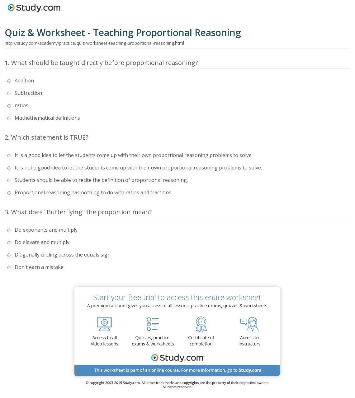Quiz  Worksheet  Teaching Proportional Reasoning  Study