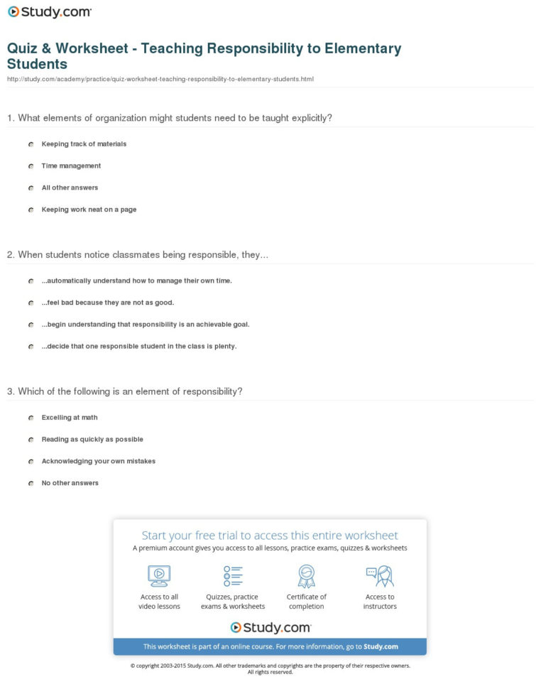 Quiz  Worksheet  Teaching Responsibility To Elementary