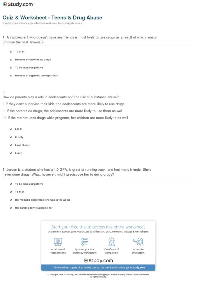 Quiz  Worksheet  Teens  Drug Abuse  Study