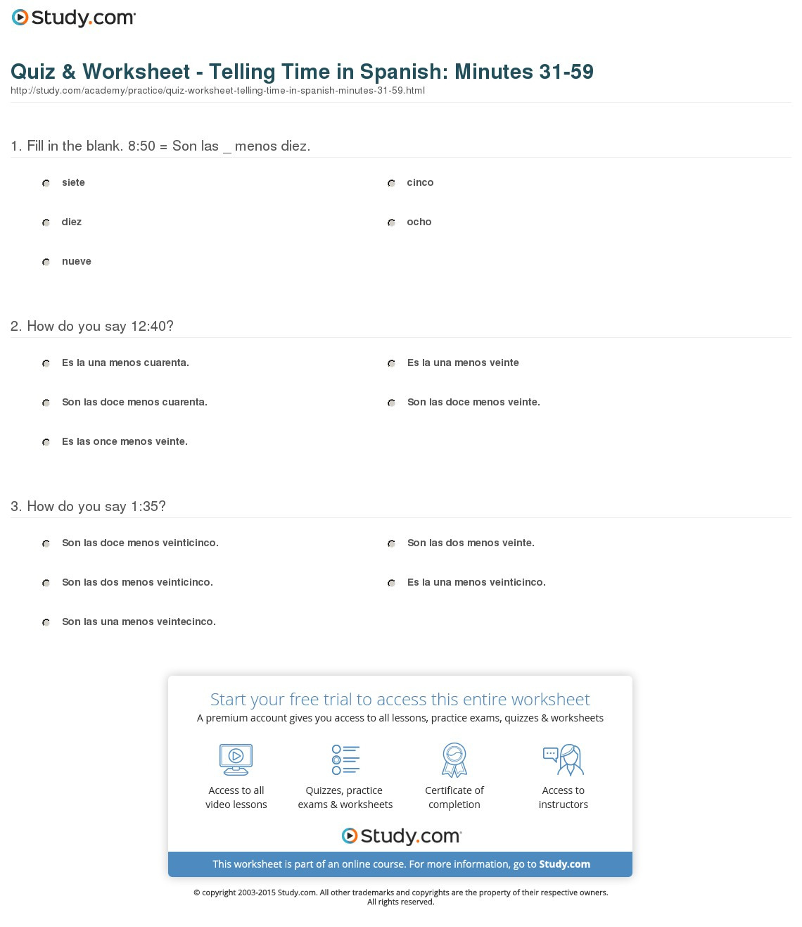 Quiz  Worksheet  Telling Time In Spanish Minutes 3159
