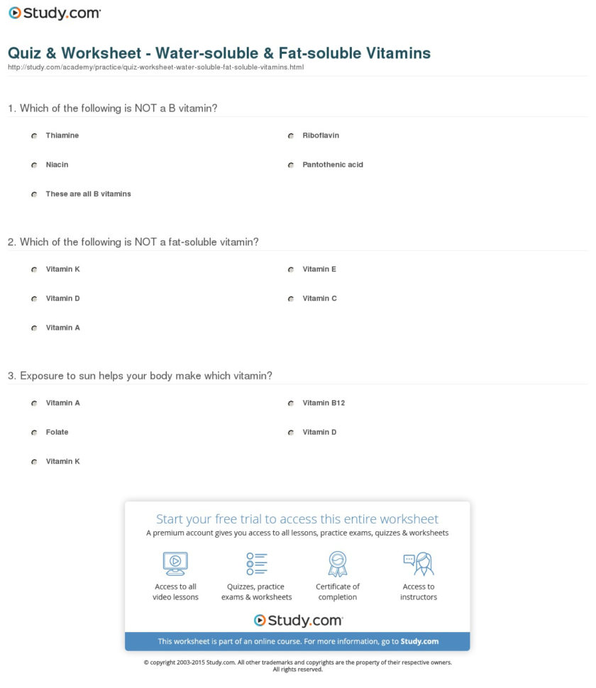Quiz  Worksheet  Tersoluble  Fatsoluble Vitamins  Study Quiz  Worksheet  Tersoluble  Fatsoluble Vitamins  Study