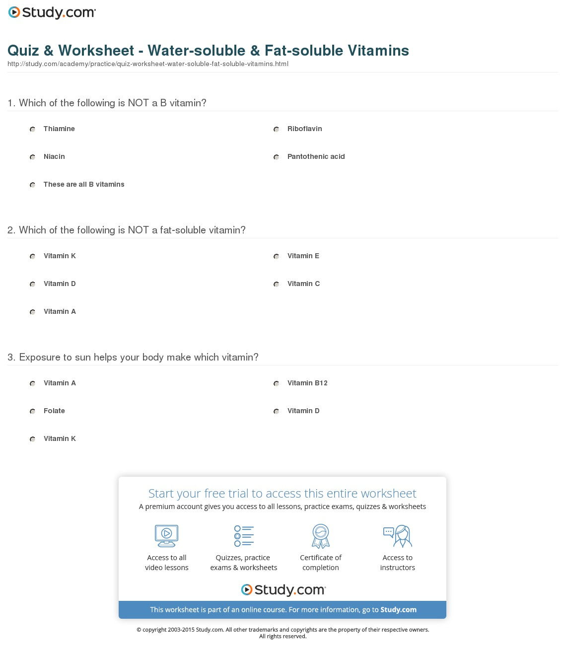Quiz  Worksheet  Tersoluble  Fatsoluble Vitamins  Study