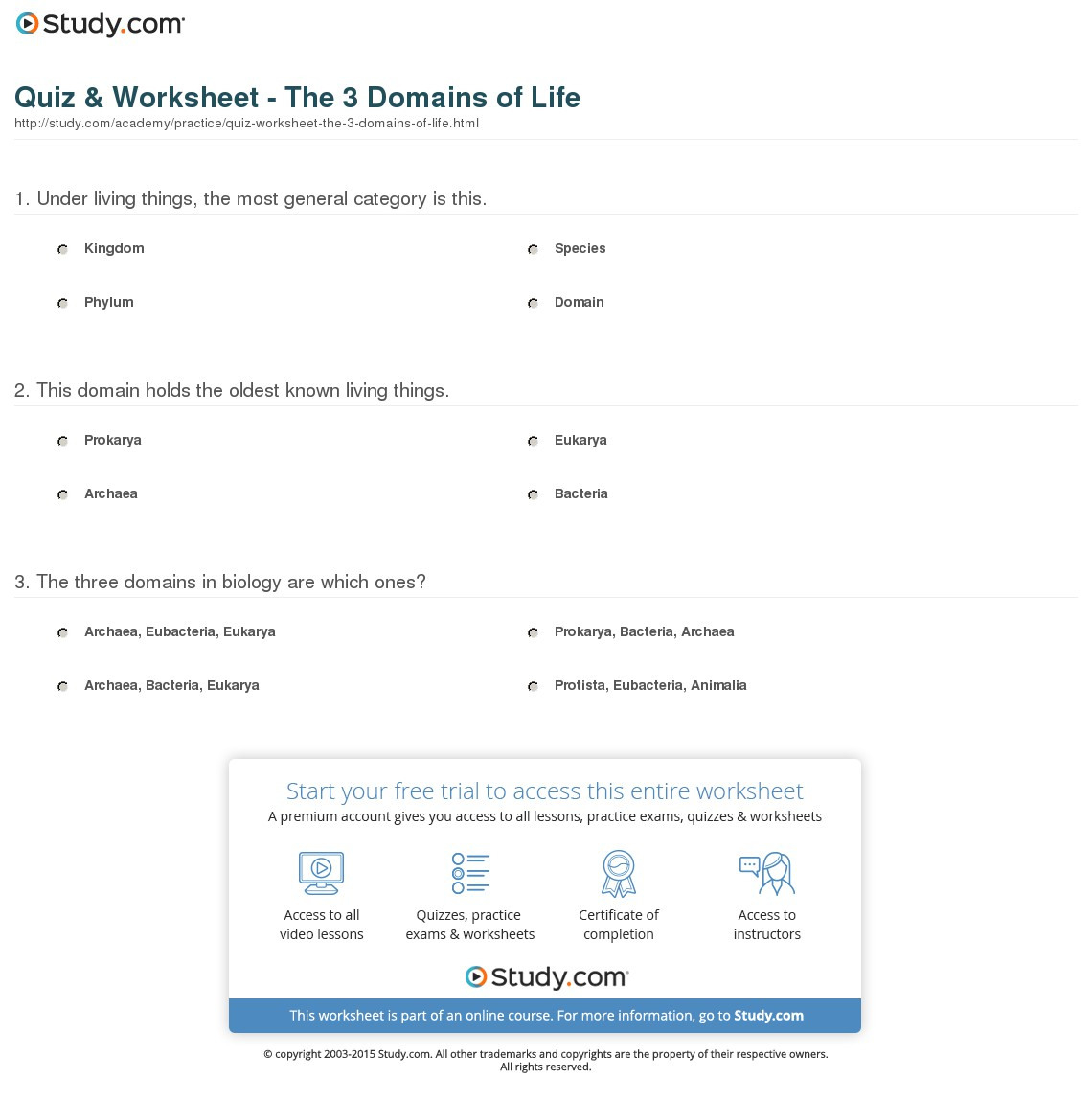 Quiz  Worksheet  The 3 Domains Of Life  Study