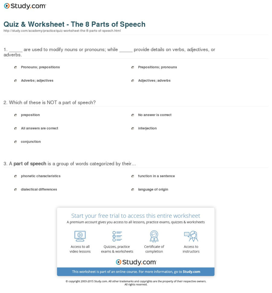 Quiz  Worksheet  The 8 Parts Of Speech  Study