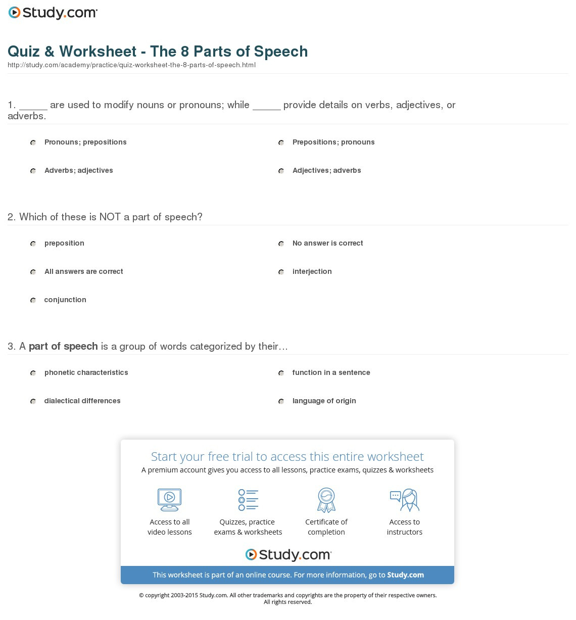 Quiz Worksheet The 8 Parts Of Speech Study Db excel