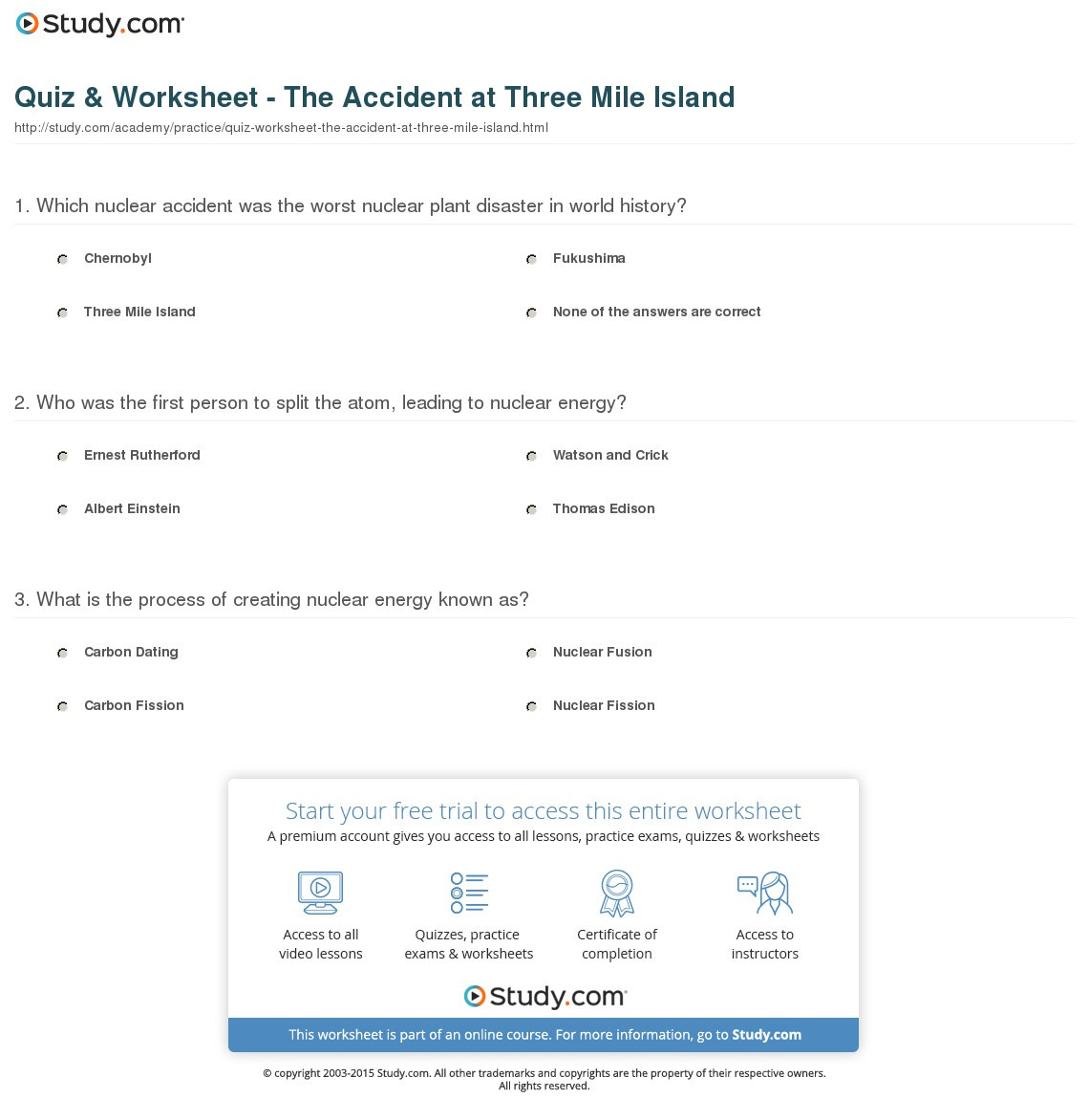 Quiz  Worksheet  The Accident At Three Mile Island  Study