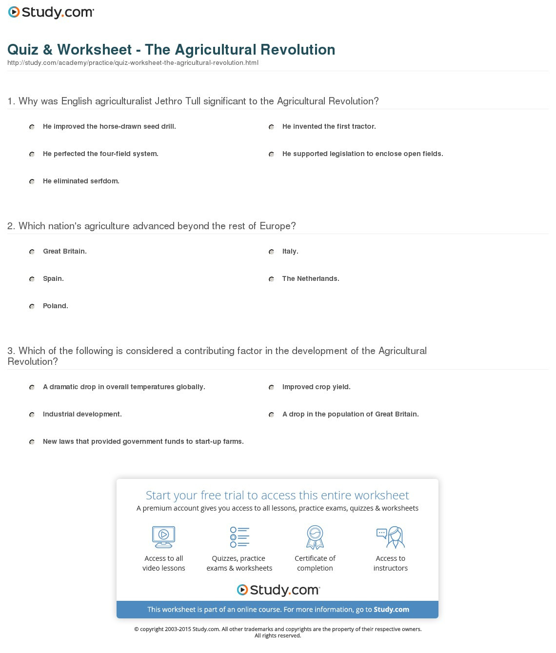 Quiz  Worksheet  The Agricultural Revolution  Study