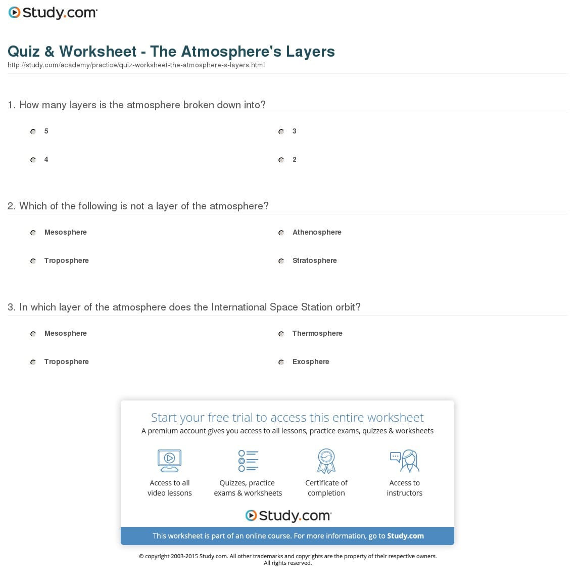 Quiz  Worksheet  The Atmosphere's Layers  Study