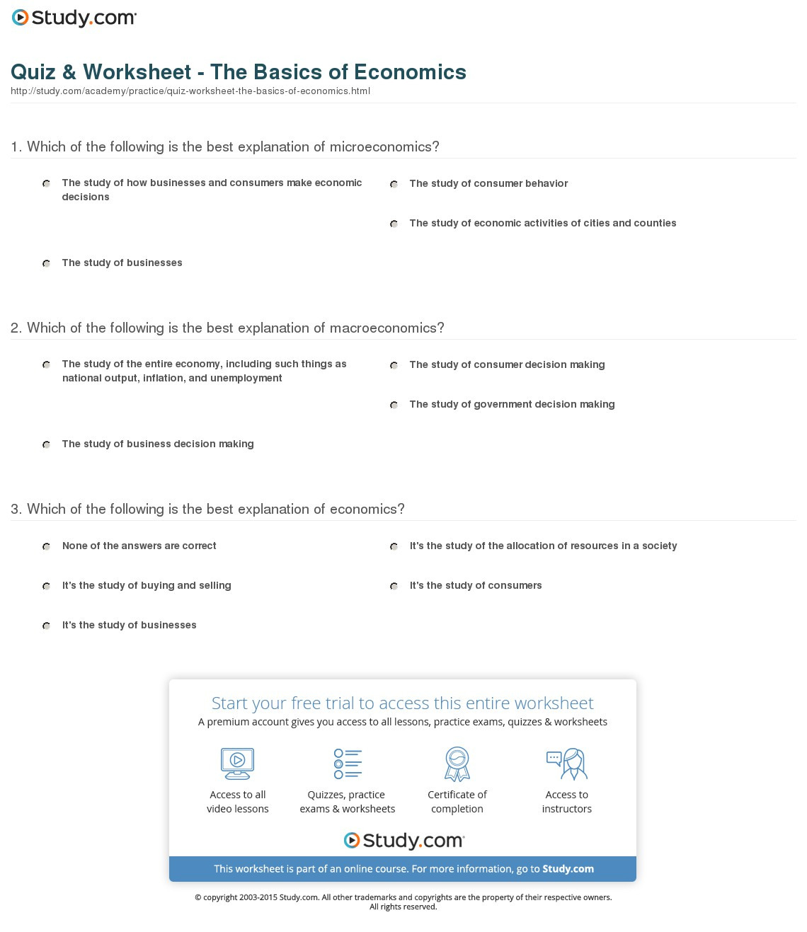 Quiz  Worksheet  The Basics Of Economics  Study