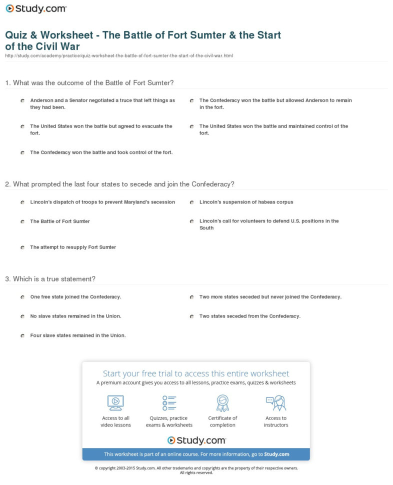 Quiz  Worksheet  The Battle Of Fort Sumter  The Start Of
