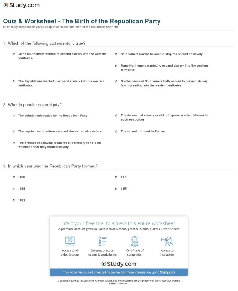 Quiz  Worksheet  The Birth Of The Republican Party  Study