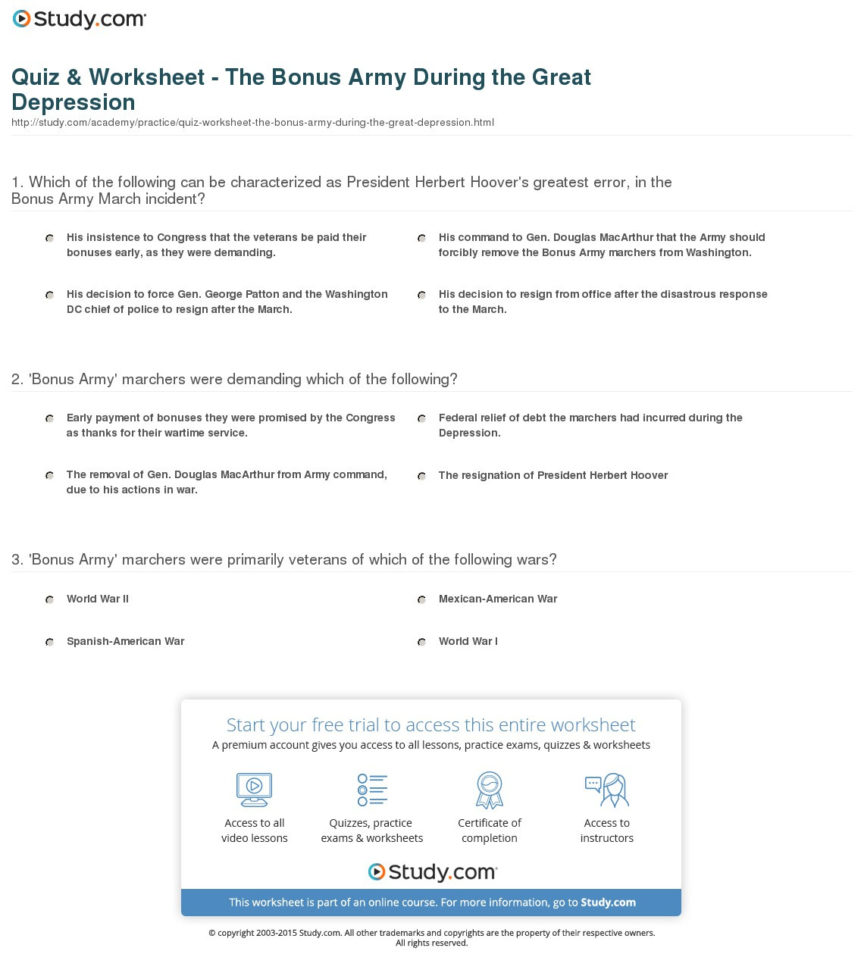 Quiz  Worksheet  The Bonus Army During The Great