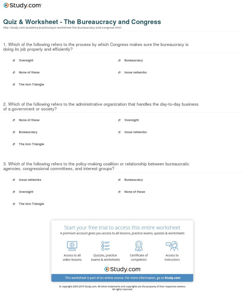 Quiz  Worksheet  The Bureaucracy And Congress  Study