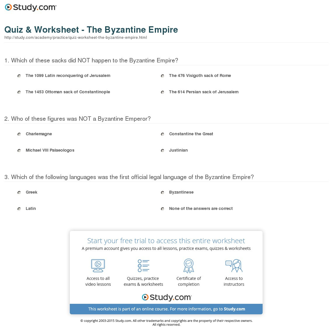 Quiz  Worksheet  The Byzantine Empire  Study
