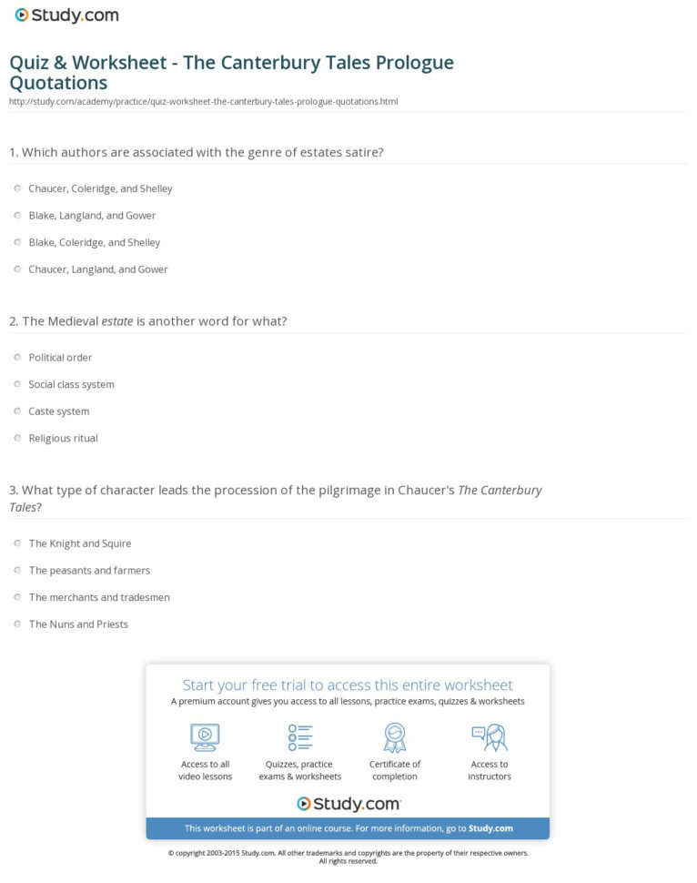 Quiz  Worksheet  The Canterbury Tales Prologue Quotations  Study