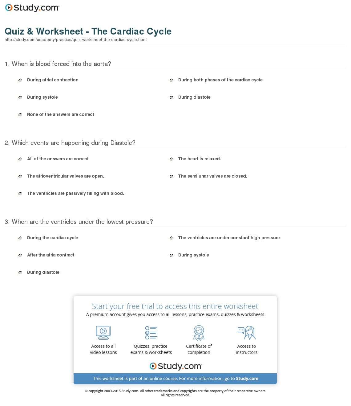 Quiz  Worksheet  The Cardiac Cycle  Study