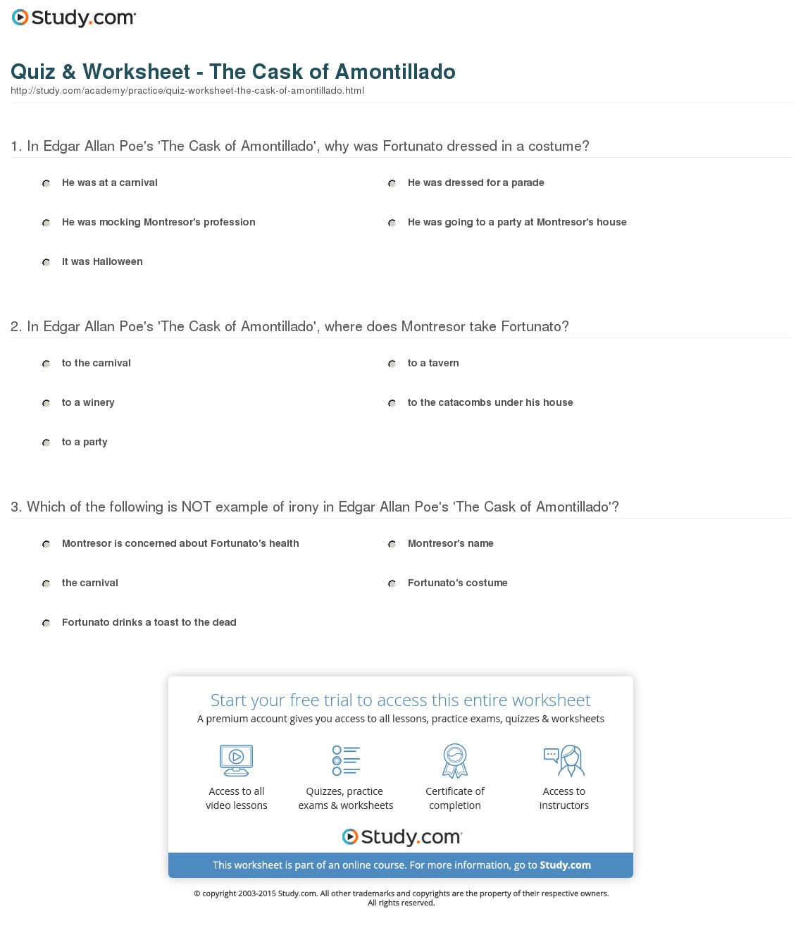 Quiz  Worksheet  The Cask Of Amontillado  Study