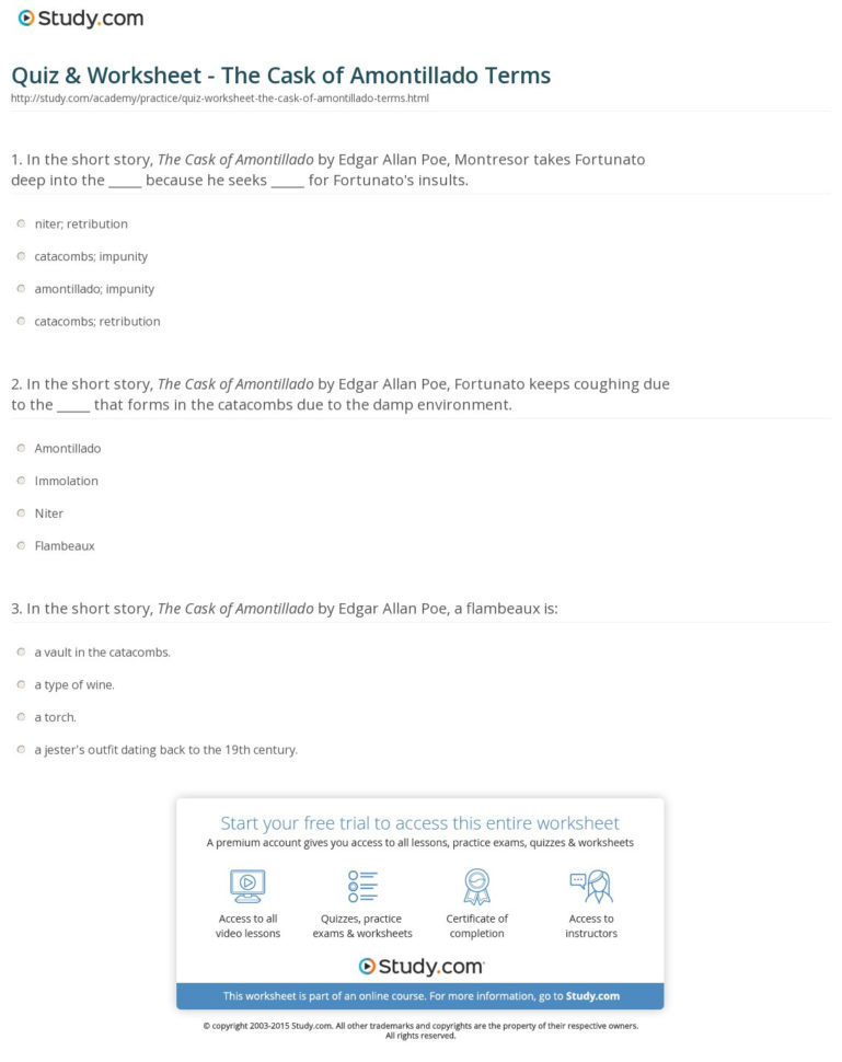 Quiz  Worksheet  The Cask Of Amontillado Terms  Study