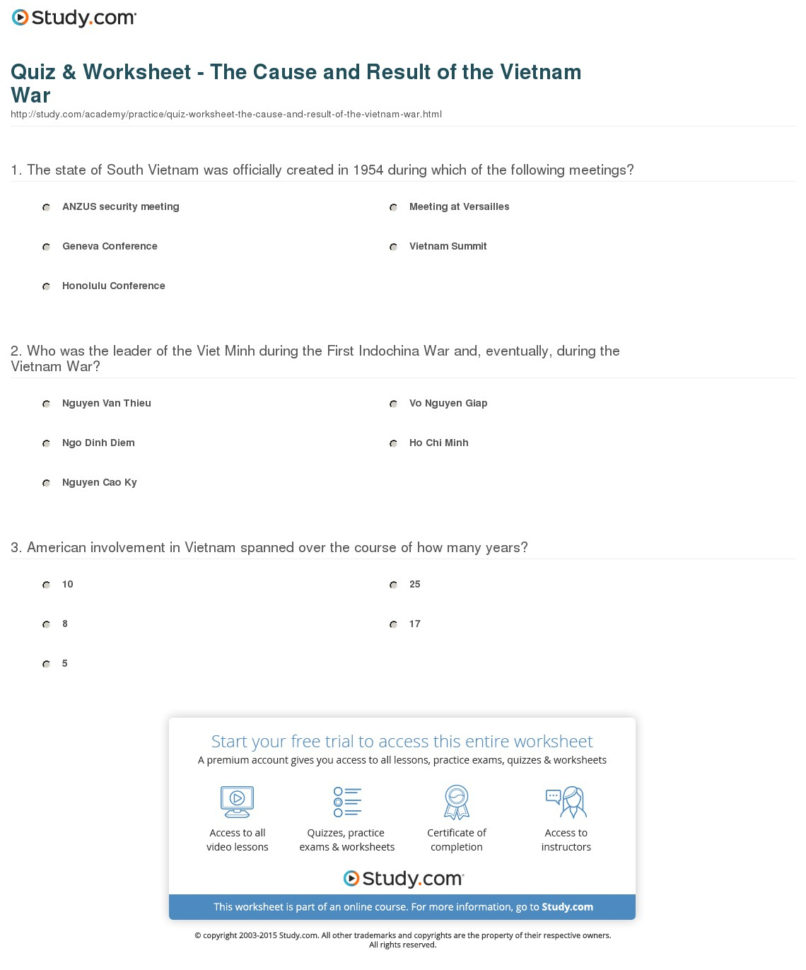 Quiz  Worksheet  The Cause And Result Of The Vietnam R  Study