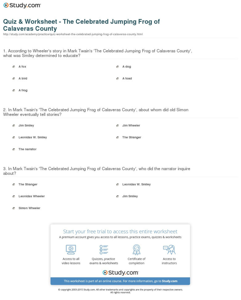 Quiz  Worksheet  The Celebrated Jumping Frog Of Calaveras